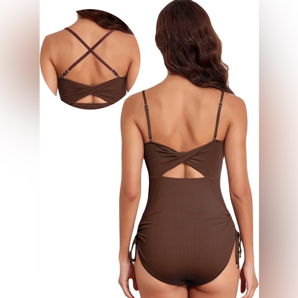 Aleumdr Women's Ribbed One Piece Tummy Control Swimsuit Cheeky Tie Side Size Sm - Picture 2 of 11